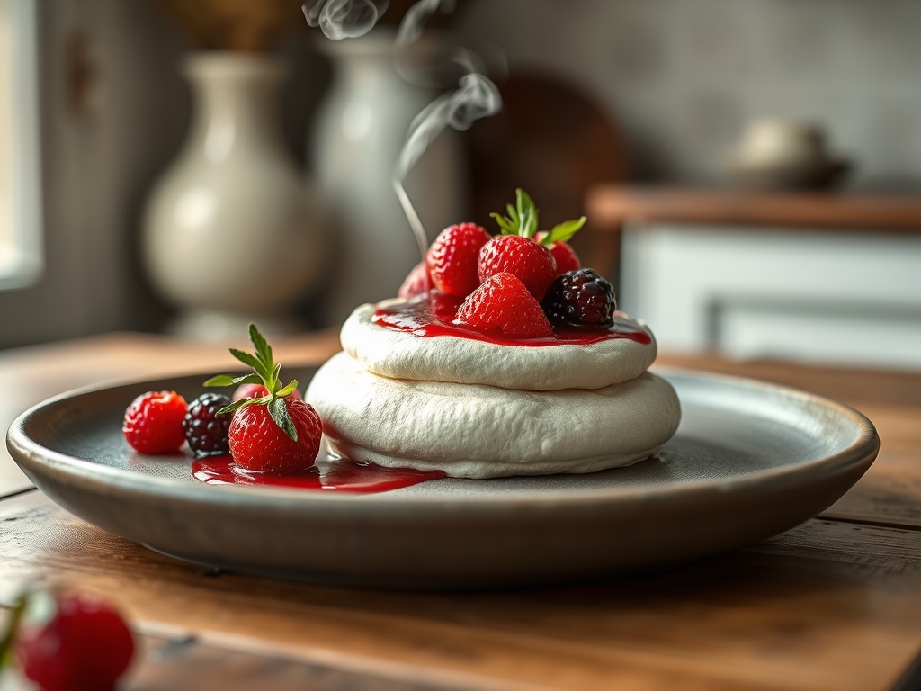 Pavlova de frutos vermelhos e ar