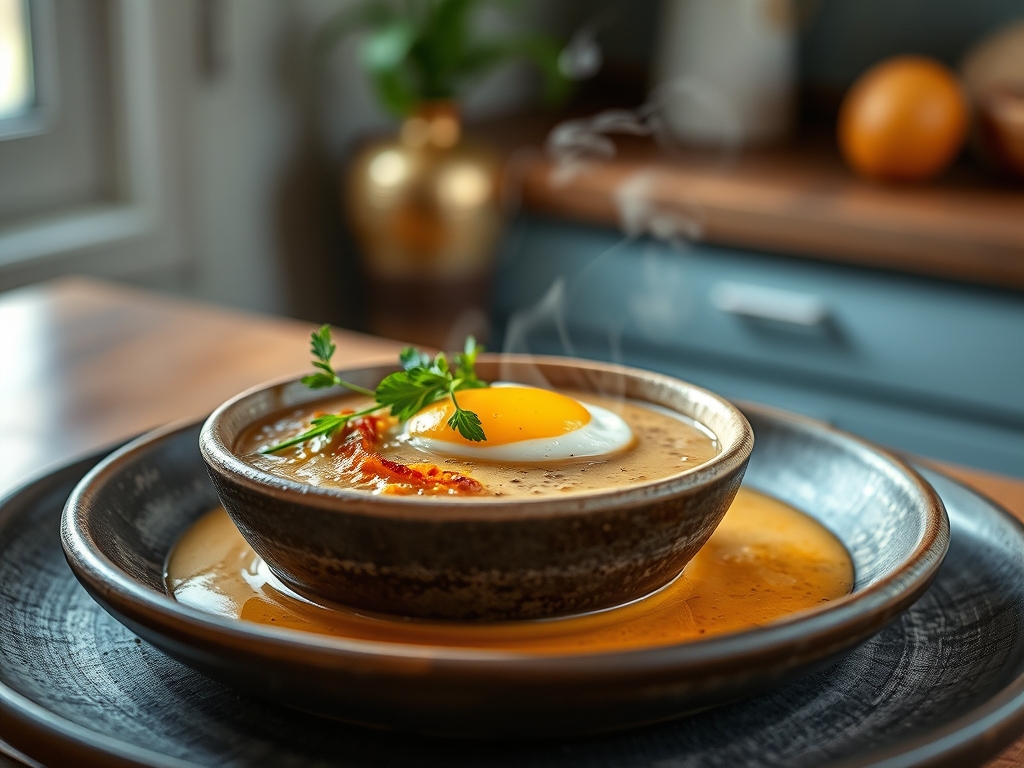 Sopa de alho e pão com ovo poché