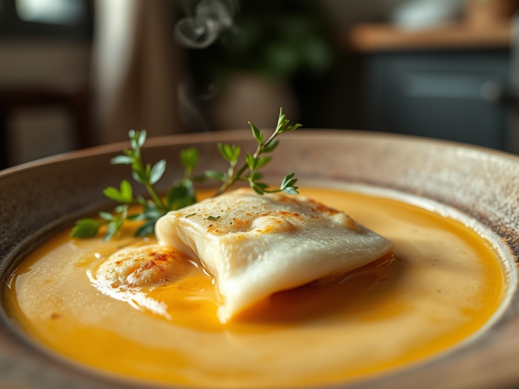 Sopa de peixe branca e delicada